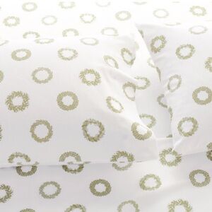 Garnet Hill Mini-Print Flannel King Pillowcase Set Sage Green Wreaths